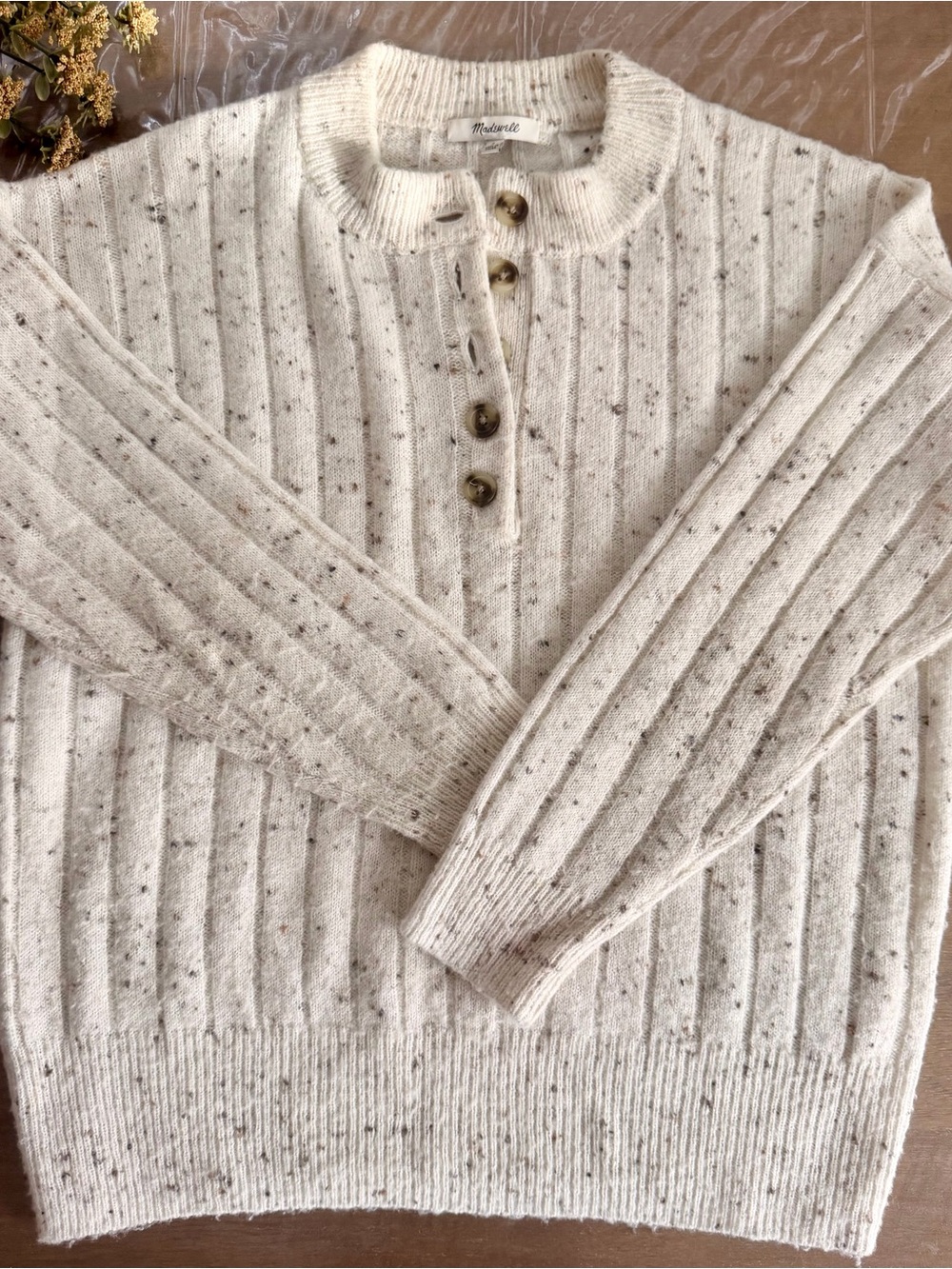 Madewell - Cream Speckled Rib-Knit Henley Sweater